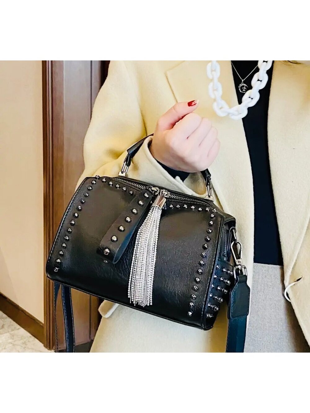 New - Vintage Style Faux Leather Shoulder Bag w/Rivet Details - Black